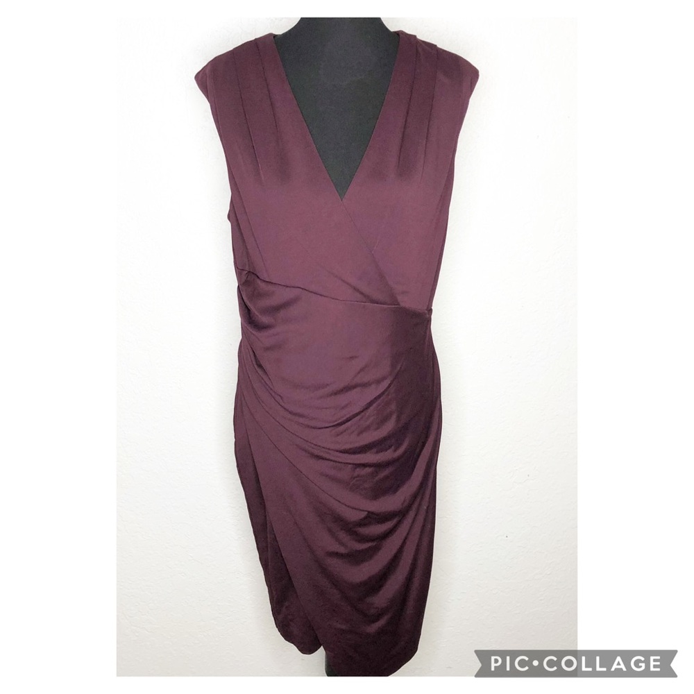 WHBM maroon cabernet wine draped faux wrap cap sleeve sheath midi dress 14 NWT